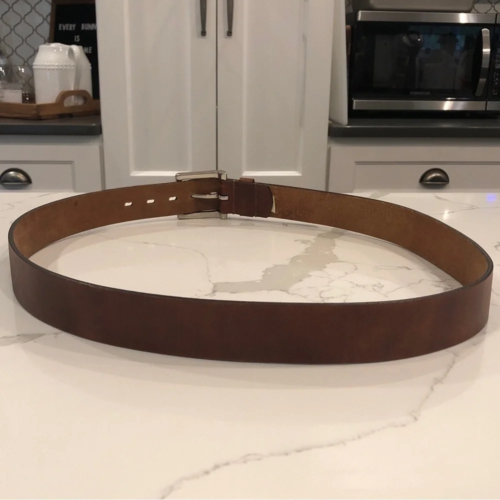 Men’s Chestnut Brown Leather Belt Matte Silver Buckle Made In India Casual Sz 46